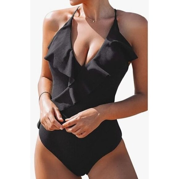CUPSHE Women's One Piece Ruffle Wrap Textured Beach Swimsuit Size Small - Picture 1 of 5